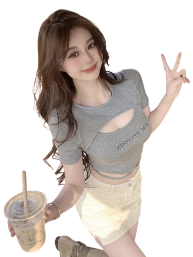 Spicy Girl Hollow Out Chest Short Sleeve T-Shirt