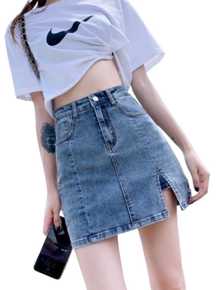 High-Waisted Slit Denim Mini Skirt