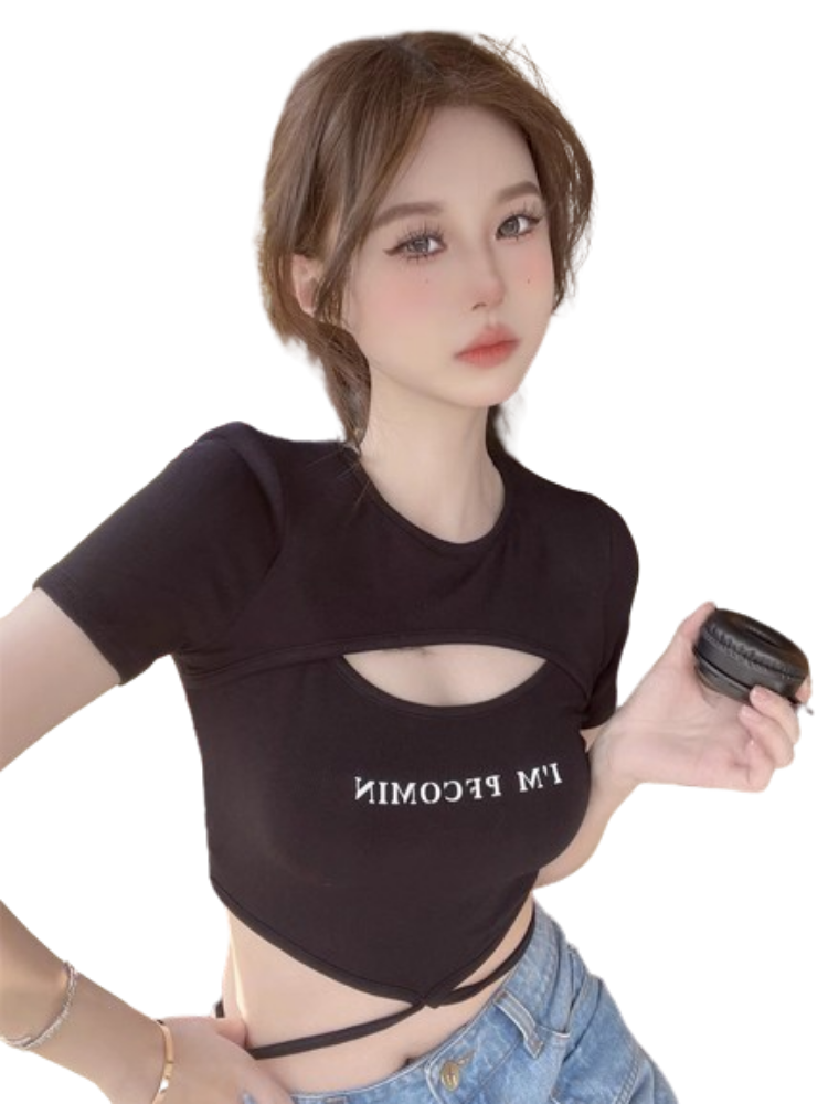 Spicy Girl Hollow Out Chest Short Sleeve T-Shirt