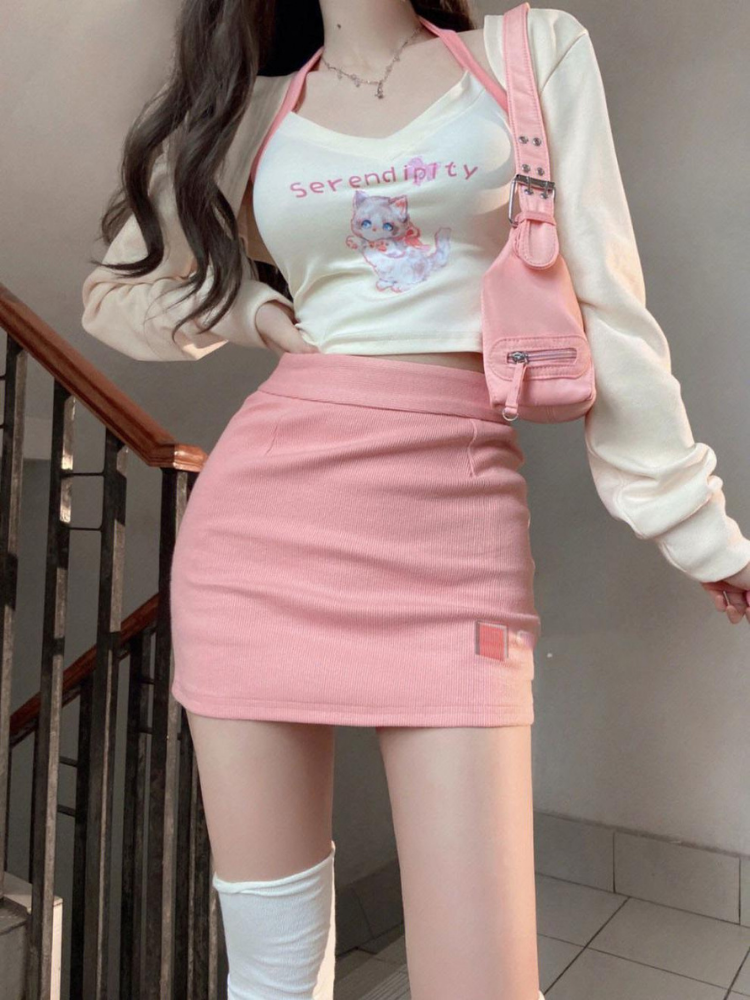 Kitten Halter Top, Cardigan, High-Waisted Skirt Ensemble