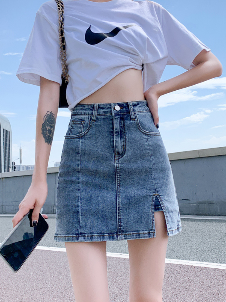 High-Waisted Slit Denim Mini Skirt