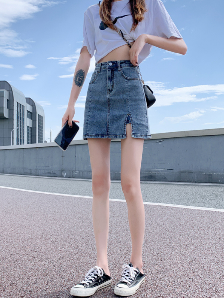 High-Waisted Slit Denim Mini Skirt