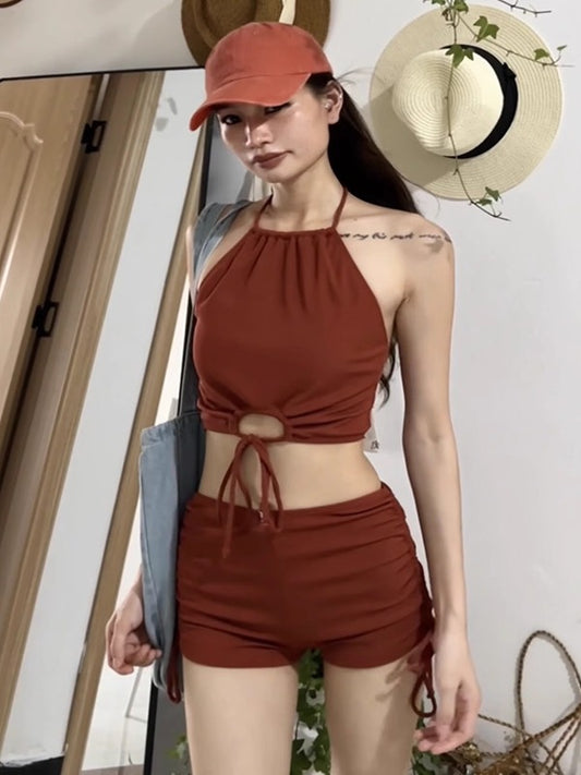 2024 Summer New Solid Colour Halter Split Swimsuit Women's Flat Sports Beach Bikini Swimwear