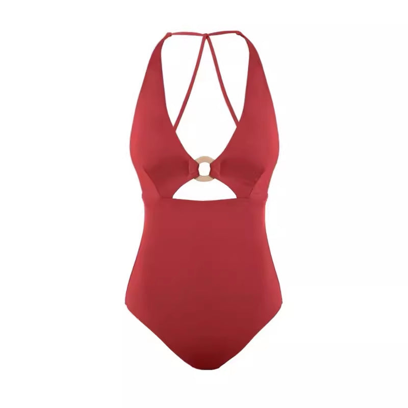 Swimming costume women's soaking hot springs retro Hong Kong style sexy red triangle one-piece bikini seaside beach holiday swimsuit