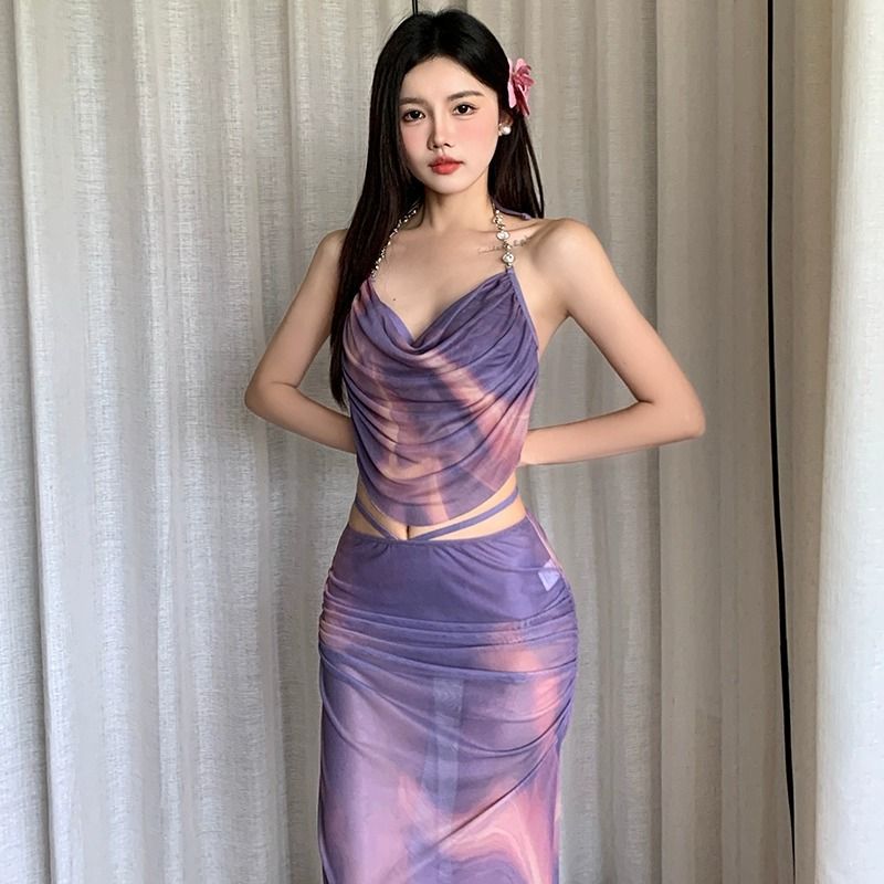 Bikini swimming costume three-piece long dress fashion tie-dye sexy Slim steel support gathered spa swimming costume