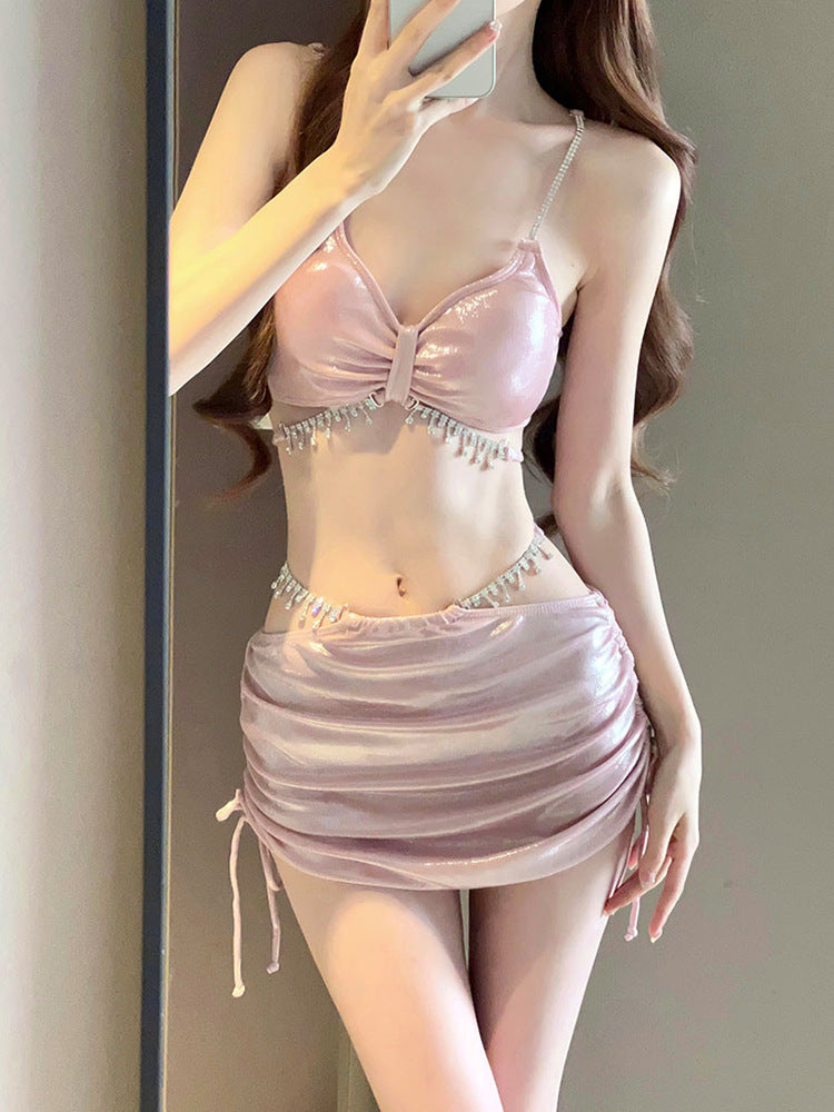 New bikini swimming costume women's sensual three-piece rhinestone advanced sense of split seaside holiday spa swimsuit