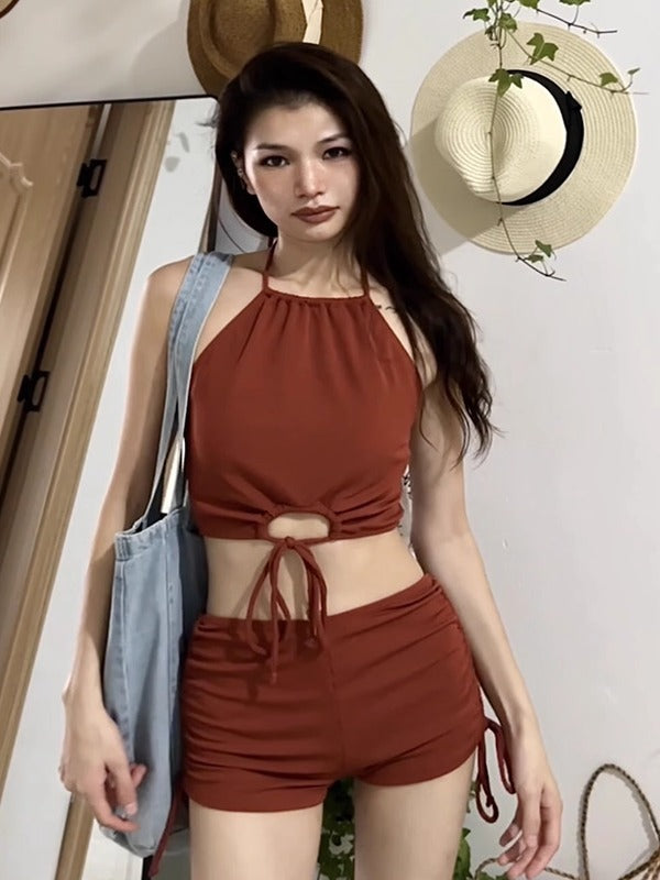 2024 Summer New Solid Colour Halter Split Swimsuit Women's Flat Sports Beach Bikini Swimwear